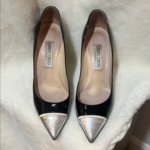 Jimmy Choo Black Patent Heels with Silver Toe